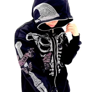 Y2K Goth Rhinestone Skeleton Full Zip Hoodie - Black Grunge Sweatshirt