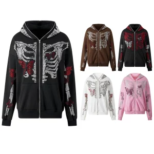 Y2K Goth Rhinestone Skeleton Full Zip Hoodie - Black Grunge Sweatshirt