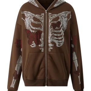 Y2K Goth Rhinestone Skeleton Full Zip Hoodie - Black Grunge Sweatshirt