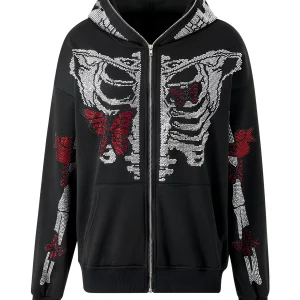 Y2K Goth Rhinestone Skeleton Full Zip Hoodie - Black Grunge Sweatshirt