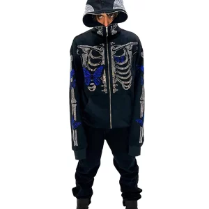 Y2K Goth Rhinestone Skeleton Full Zip Hoodie - Black Grunge Sweatshirt