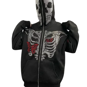 Y2K Goth Rhinestone Skeleton Full Zip Hoodie - Black Grunge Sweatshirt