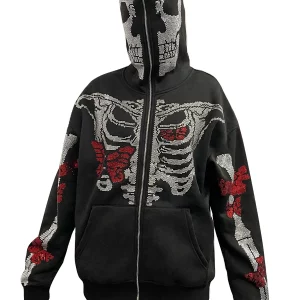 Y2K Goth Rhinestone Skeleton Full Zip Hoodie - Black Grunge Sweatshirt