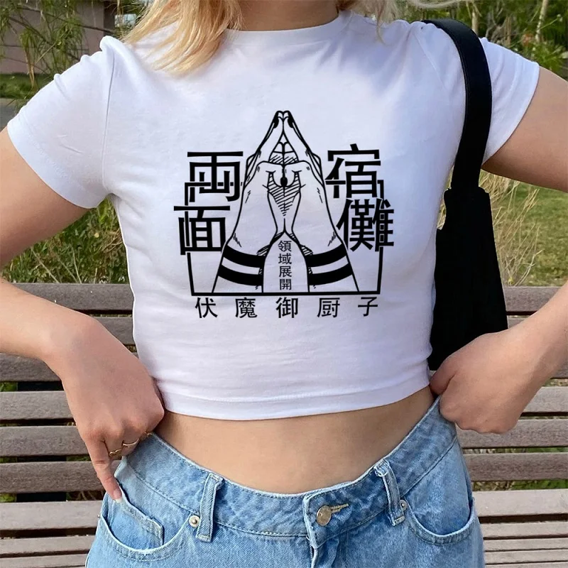 Y2K Gothic Anime Women's Crop Top - Harajuku Punk Tee - Itadori Yuji Dark Eyes Black Fairy