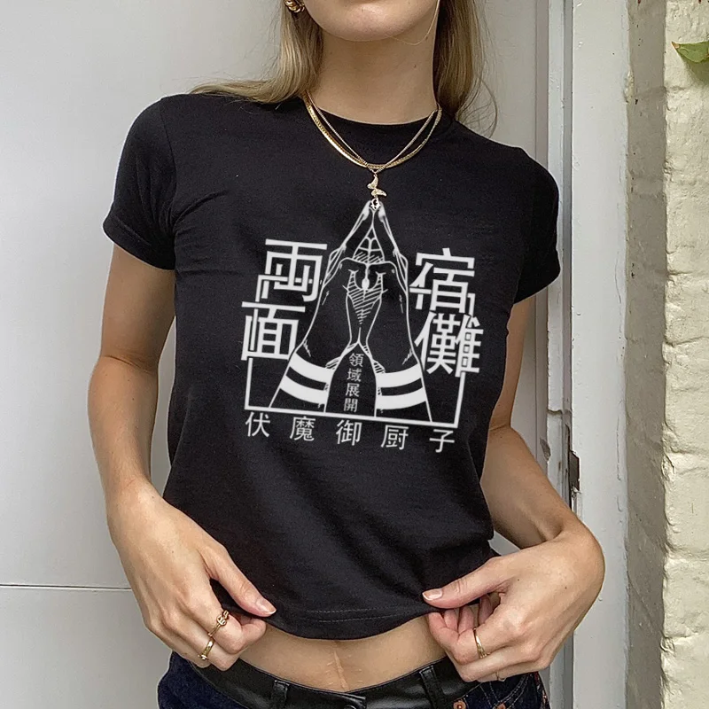 Y2K Gothic Anime Women's Crop Top - Harajuku Punk Tee - Itadori Yuji Dark Eyes Black Fairy