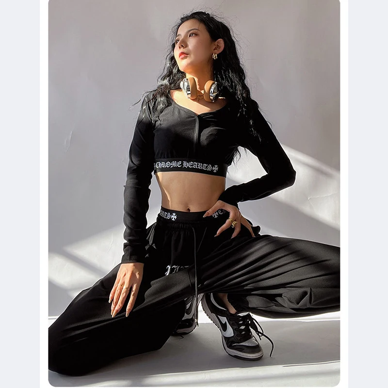 Y2K Gothic Black Fashion Two-Piece Set - Hip Hop Streetwear Top and Pants