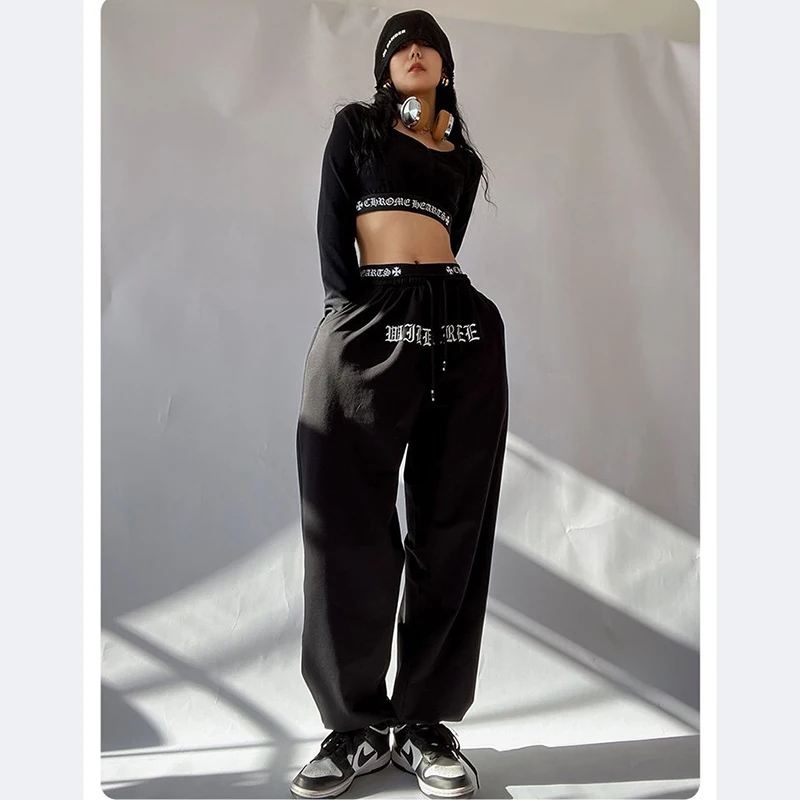 Y2K Gothic Black Fashion Two-Piece Set - Hip Hop Streetwear Top and Pants