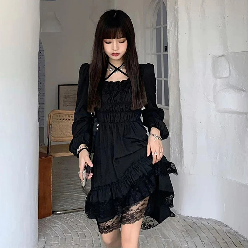 Y2K Gothic Black Stitching Dress with Ruffles and Irregular Lace - A-Line Chic Dress