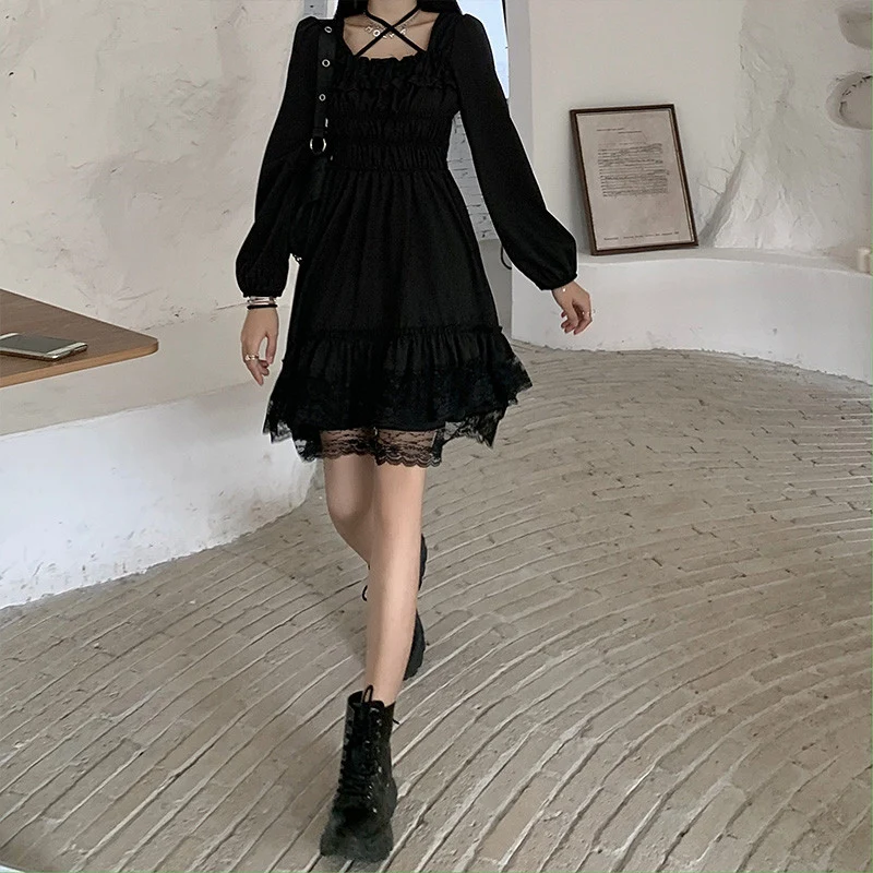 Y2K Gothic Black Stitching Dress with Ruffles and Irregular Lace - A-Line Chic Dress