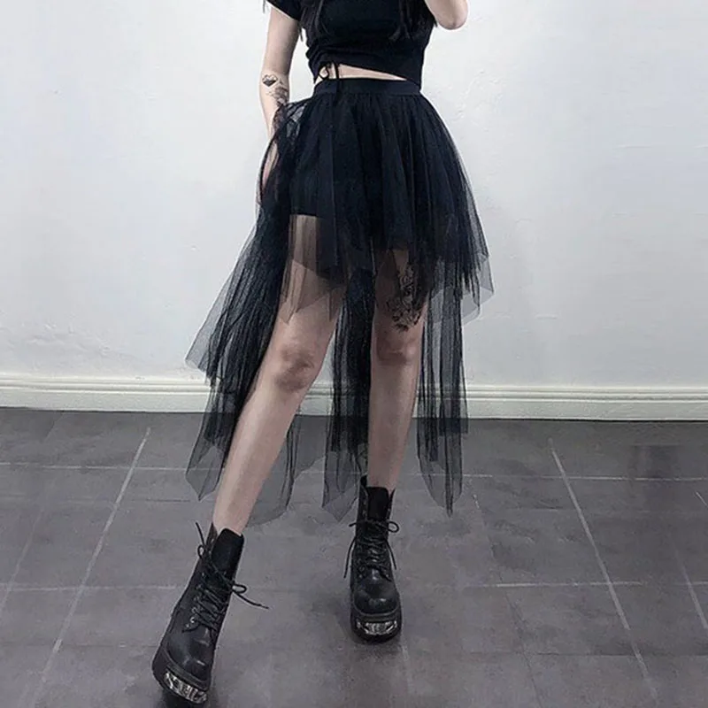 Y2K Gothic Black Tulle Skirt - High Waist Streetwear Midi Skirt