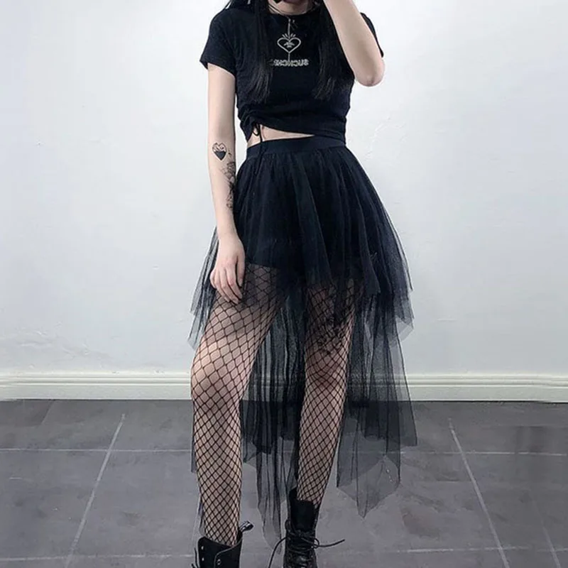 Y2K Gothic Black Tulle Skirt - High Waist Streetwear Midi Skirt