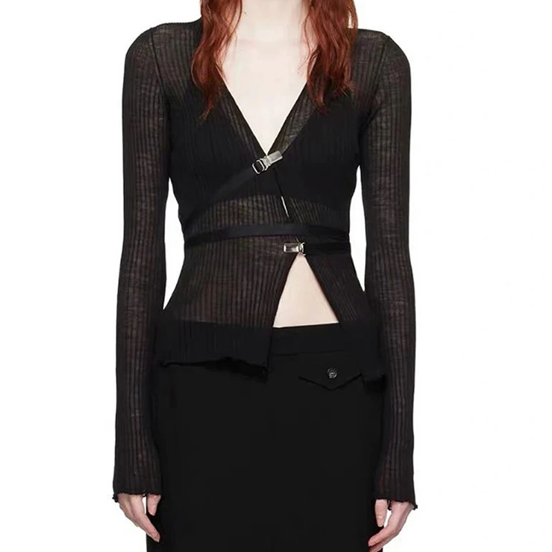 Y2K Gothic Buckle V-Neck Blouses: Punk Grunge Long Sleeve Crop Tops