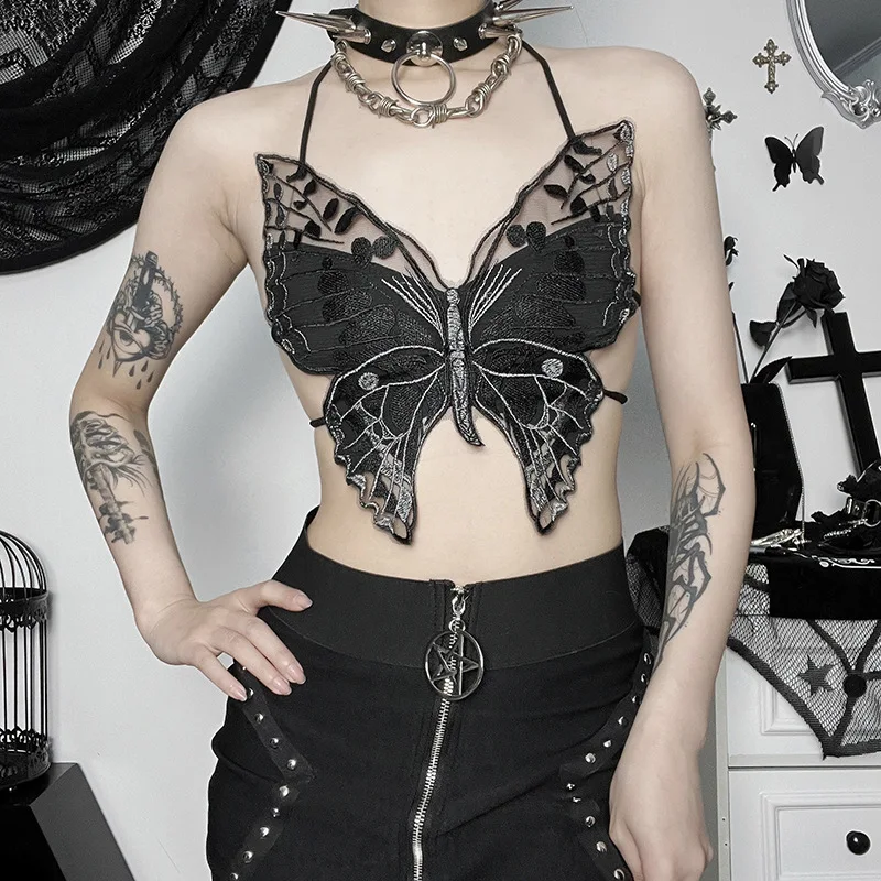 Y2K Gothic Butterfly Cami Top - Sheer Mesh Embroidery Halter Tie-Up Vest