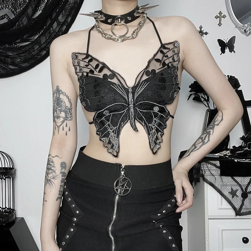 Y2K Gothic Butterfly Cami Top - Sheer Mesh Embroidery Halter Tie-Up Vest