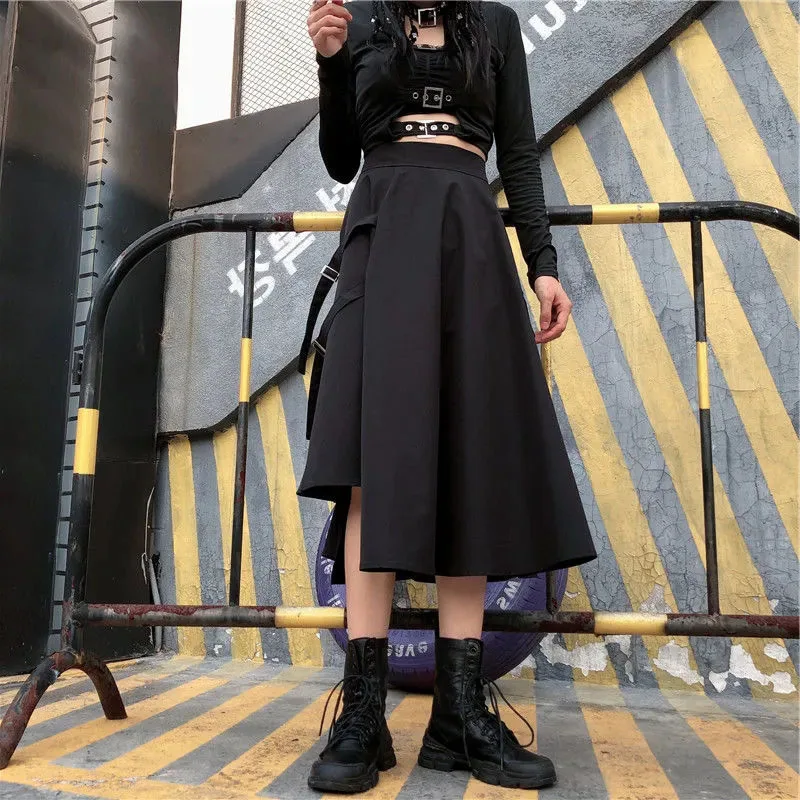 Y2K Gothic Cargo Skirt - High Waist A-Line Black Midi Streetwear