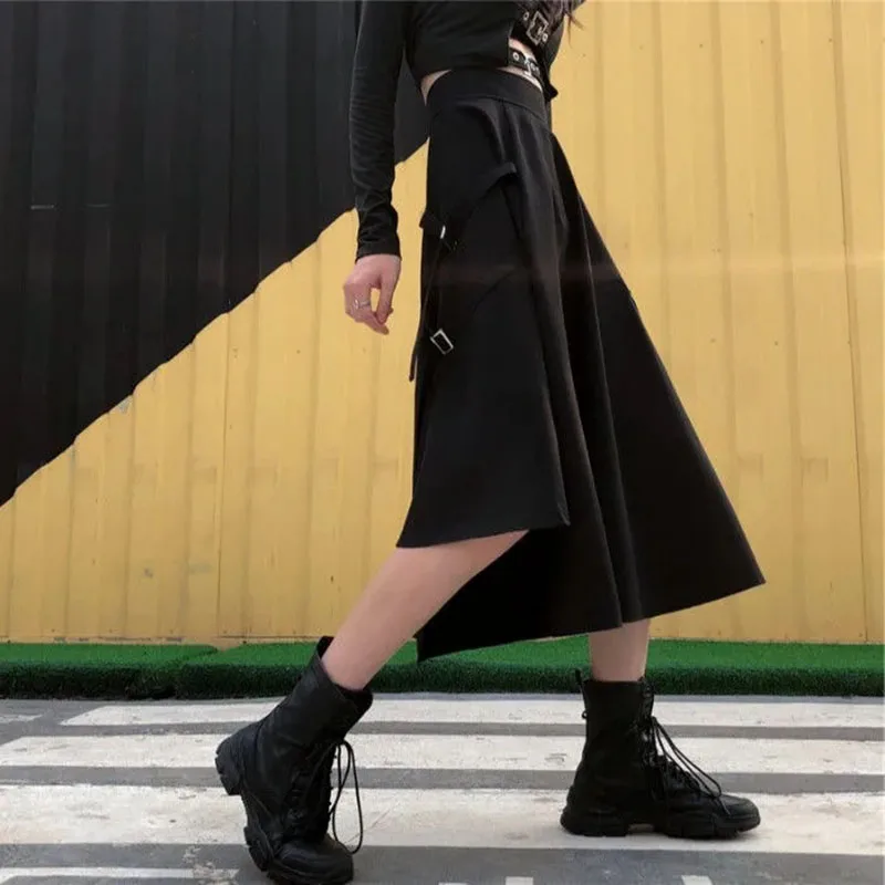 Y2K Gothic Cargo Skirt - High Waist A-Line Black Midi Streetwear