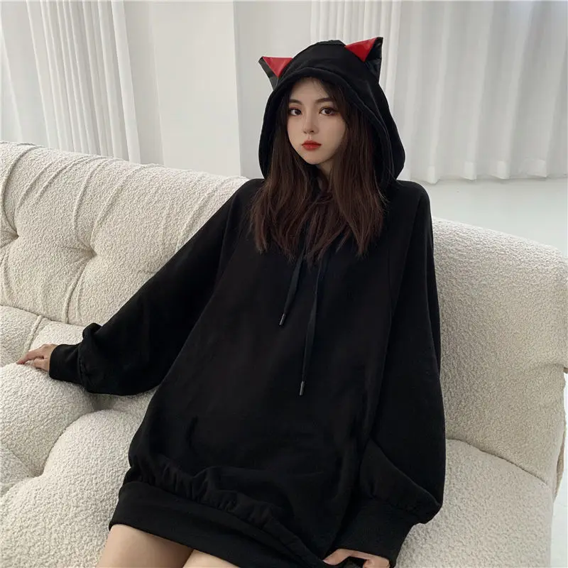 Y2K Gothic Cat Ears Hoodie - Long Sleeve Streetwear Sweatshirt