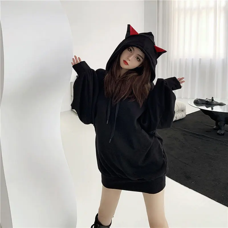 Y2K Gothic Cat Ears Hoodie - Long Sleeve Streetwear Sweatshirt