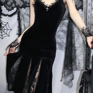 Y2K Gothic Cross Maxi Dress - Sexy Spaghetti Strap Velvet & Lace Patchwork Partywear