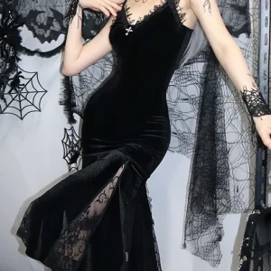 Y2K Gothic Cross Maxi Dress - Sexy Spaghetti Strap Velvet & Lace Patchwork Partywear