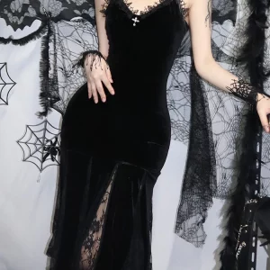 Y2K Gothic Cross Maxi Dress - Sexy Spaghetti Strap Velvet & Lace Patchwork Partywear