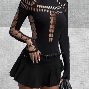 Y2k Gothic Cyber Punk Hollow Out Bodysuit - Black Turtleneck Streetwear