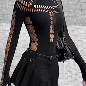 Y2k Gothic Cyber Punk Hollow Out Bodysuit - Black Turtleneck Streetwear