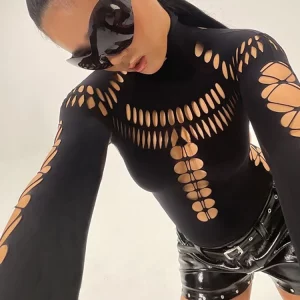 Y2k Gothic Cyber Punk Hollow Out Bodysuit - Black Turtleneck Streetwear