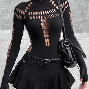 Y2k Gothic Cyber Punk Hollow Out Bodysuit - Black Turtleneck Streetwear