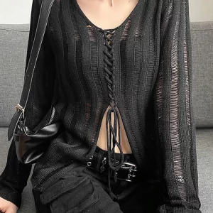 Y2K Gothic Dark Mall Bandage Blouse Grunge Black Knitwear T-shirt