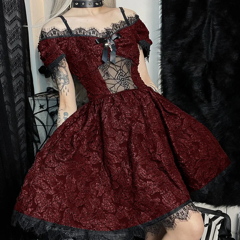 Y2K Gothic Fairycore Patchwork Mesh Corset Dress - Halloween Grunge Goth Loita Outfit