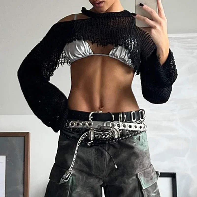 Y2K Gothic Fishnet Sweater Crop Top - Streetwear Pullover with Hollow Out Design