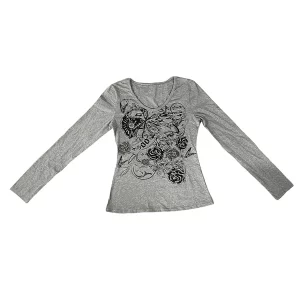 Y2K Gothic Floral Printed Slim Fit Tees - Long Sleeve V Neck Streetwear