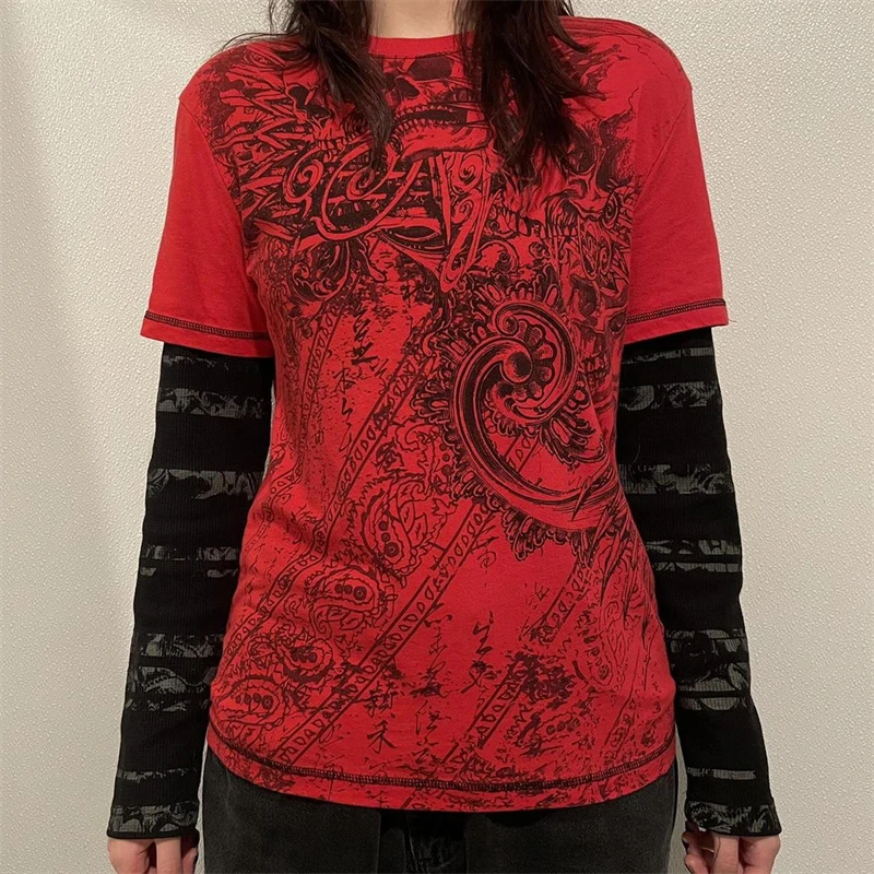 Y2K Gothic Graphic Print Patchwork Long Sleeve T-Shirt - Women's Streetwear