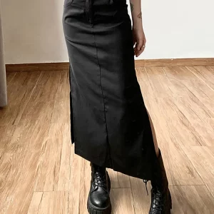 Y2K Gothic Grunge Split Midi Skirt - Punk Streetwear Fashion