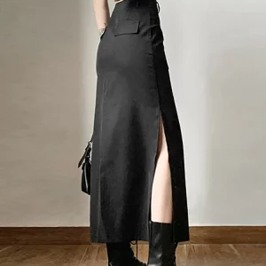 Y2K Gothic Grunge Split Midi Skirt - Punk Streetwear Fashion