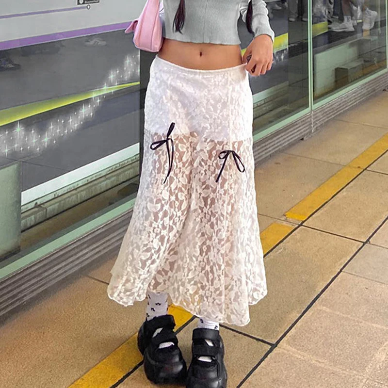 Y2K Gothic Harajuku Lace Bow Midi Skirt - Women's Sexy Streetwear Summer Fashion