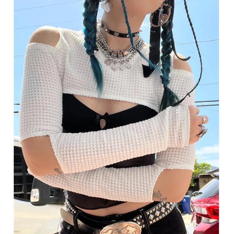 Y2K Gothic Hollow Out Cold Shoulder Crop Top - Summer Streetwear E-Girl Fashion