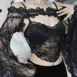 Y2K Gothic Lace Blouse Shrug Top - Grunge Sheer Sexy Women Alt Crop Off-Shoulder Flare