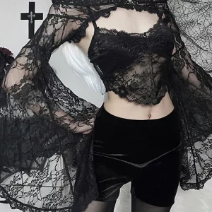 Y2K Gothic Lace Blouse Shrug Top - Grunge Sheer Sexy Women Alt Crop Off-Shoulder Flare