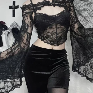 Y2K Gothic Lace Blouse Shrug Top - Grunge Sheer Sexy Women Alt Crop Off-Shoulder Flare