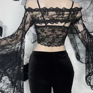 Y2K Gothic Lace Blouse Shrug Top - Grunge Sheer Sexy Women Alt Crop Off-Shoulder Flare