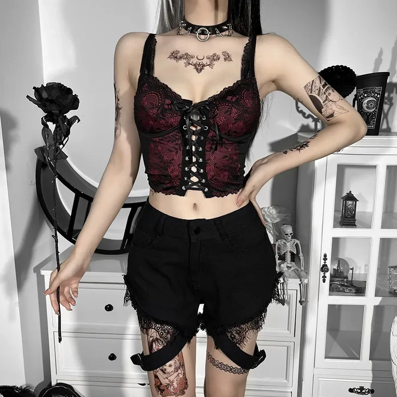 Y2K Gothic Lace Camisole: Spaghetti Strap Backless Crop Tank