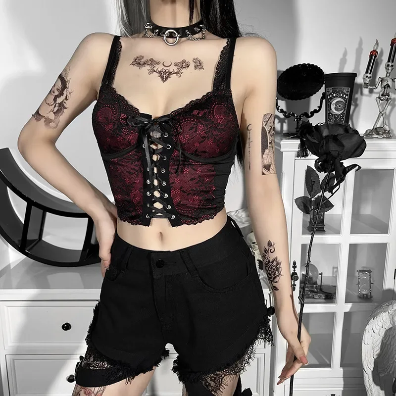 Y2K Gothic Lace Camisole: Spaghetti Strap Backless Crop Tank