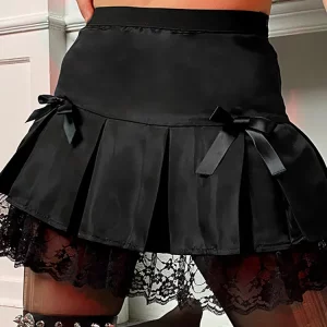 Y2K Gothic Lace High Waist Pleated Mini Skirt - Black E-Girl A-Line Patchwork - Sexy Party Out