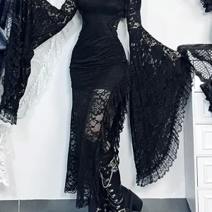 Y2K Gothic Lace Mesh Crop Top - Flare Sleeve Blouse for Women