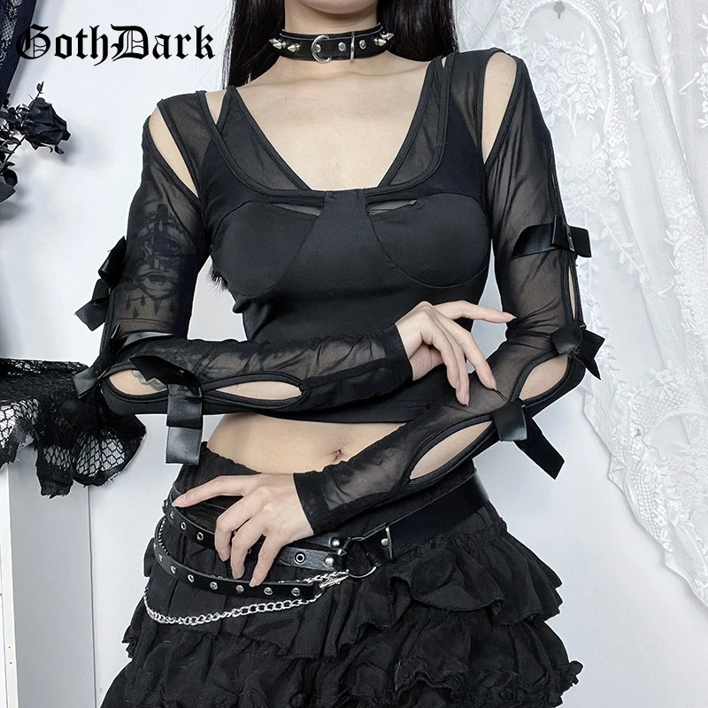 Y2K Gothic Mesh Patchwork Crop Top - Grunge Style Slim Fit Women's Alt Street Blouse