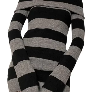 Y2k Gothic Off-Shoulder Knitted Mini Dress - Aesthetic Stripe Bodycon & Sexy Wrap Ribbed Hip Party