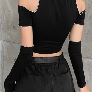 Y2K Gothic Patchwork Black T-shirt - E-girl Style with Open Shoulder Sleeves and Ruffled Hem