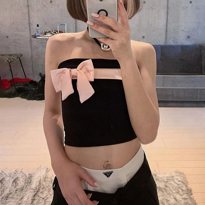 Y2K Gothic Pink Bow Tube Top - Harajuku Aesthetic Coquette Fashion